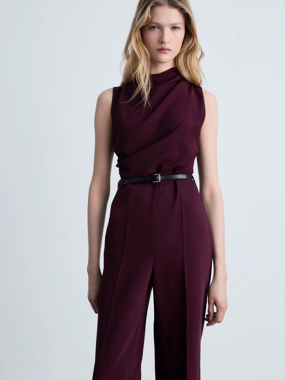 Mango Sleeveless Wide-Leg Jumpsuit in Plum with Black Belt